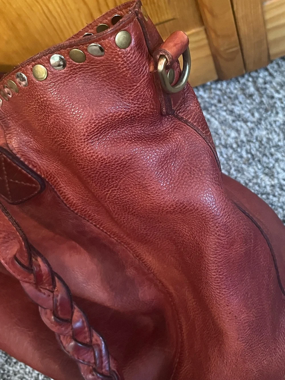 Leather Stud-Trim Tote with Braided Handles - Rust Red